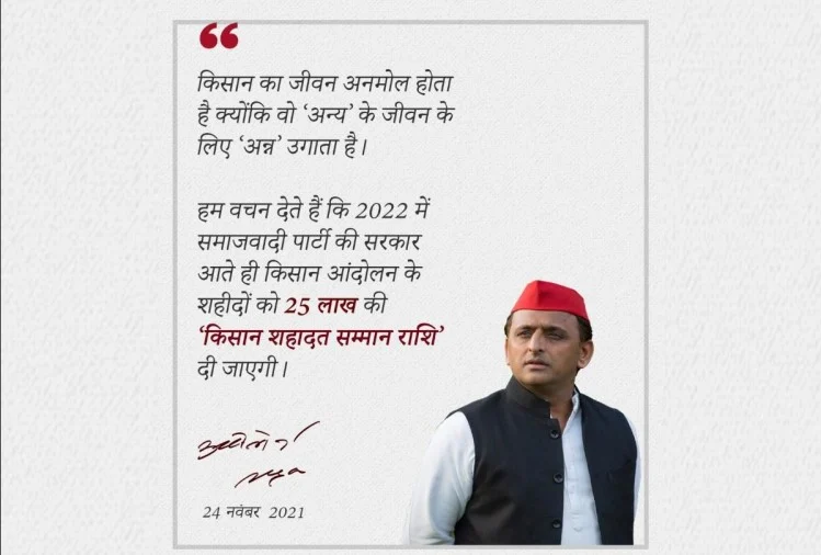 सपा प्रमुख श्री अखिलेश यादव का ट्वीट और  कर कहा की सत्ता में आए तो 25 लाख रुपए मृत किसानों के परिवार वालों को दिए जाएंगे